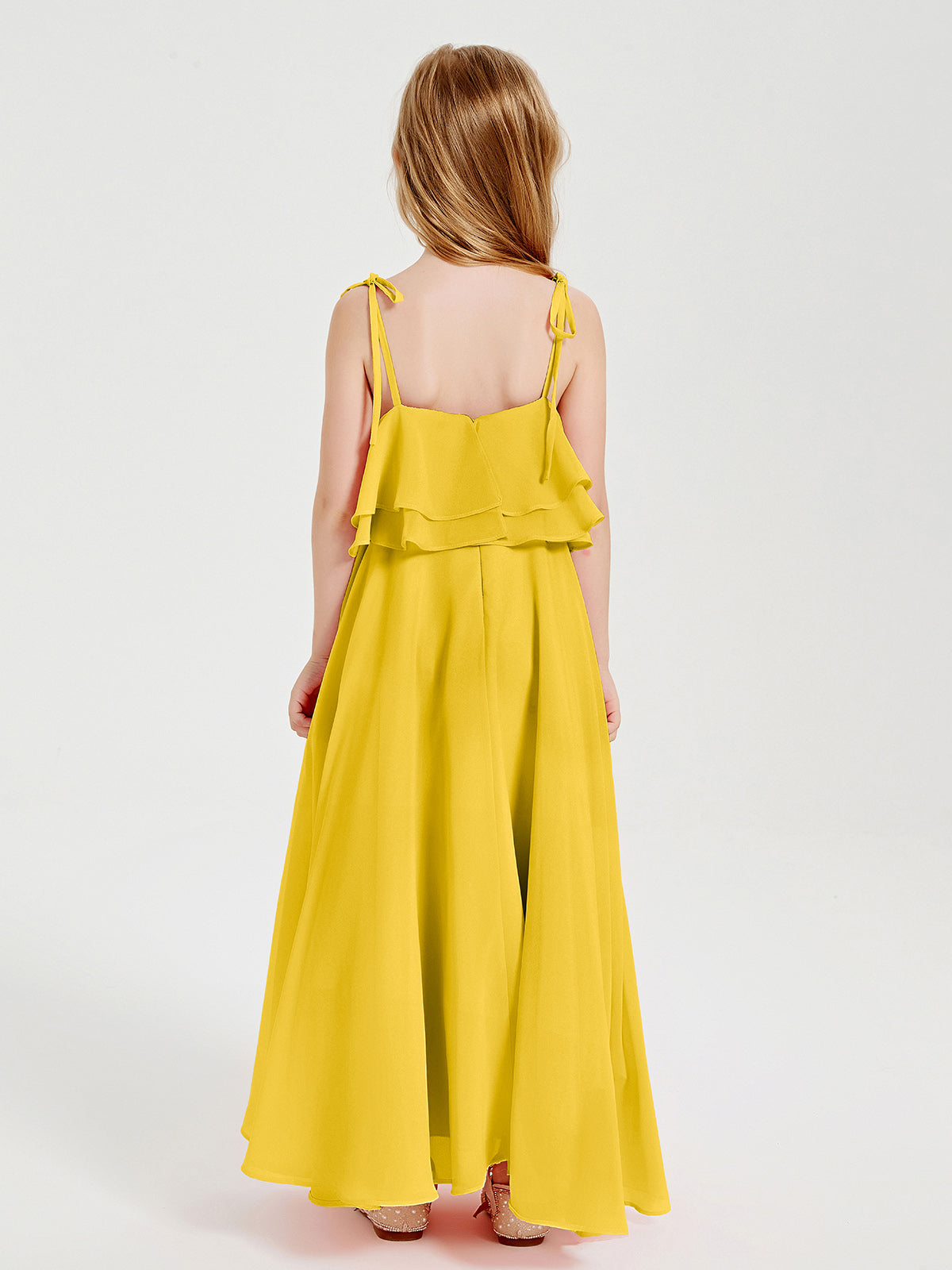 Long Chiffon Junior Bridesmaid Dresses Bowknot Spaghetti Straps Marigold